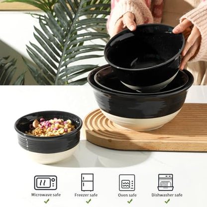 HASENSE Nesting Ceramic Mixing Bowls Set of 4, 2.5/1.5/1.0/0.5 Qt Black & Beige Stoneware Bowls, Farmhouse Bowls for Cooking, Baking, Fruit & Holiday Serving, Dishwasher & Microwave Safe - color: Black, size: 84+65+40+20 oz