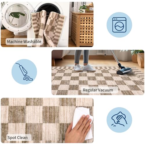 GarveeHome 2x12 Checkered Kitchen Runner Rug for Hallway Non Slip Washable - color: Brown, size: 2' x 12' (Rectangular)