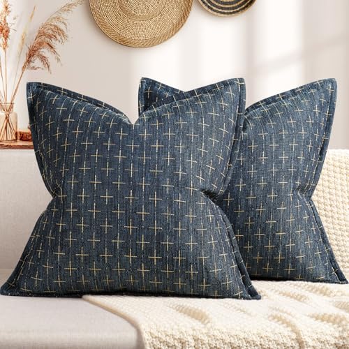 ZWJD Pillow Covers 18x18 Set of 2 Soft Polyester Textured Pillow Covers with Stylish Flange Edge Cozy Farmhouse Throw Pillows for Couch Bed Sofa Living Room - color: Navy Blue, size: 18" x 18" (Pack of 2)