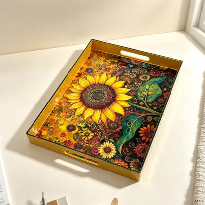 Serving Tray with Handles, 15.7 * 11.8 inches, Plastic Ottoman Tray with Exquisite Paintings, Trays for Coffee Table - color: Golden Sunflower