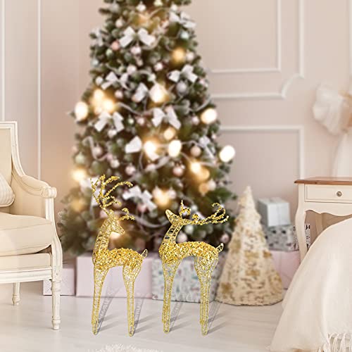 2pc Set White Bead Gold Winding Thread String Christmas Reindeer Figurine Table Desk Decorations Glittering Xmas Holiday Party Supply - color: Gold