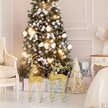 2pc Set White Bead Gold Winding Thread String Christmas Reindeer Figurine Table Desk Decorations Glittering Xmas Holiday Party Supply - color: Gold