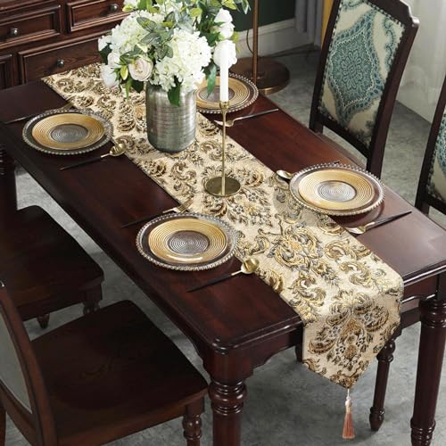 Luxury Table Runner Chenille Jacquard with Pretty Tassels Beige 60" - color: Beige, size: 13x60"