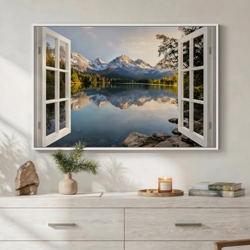 Framed Window Nature Scenic Landscape Wall Art for Living Room, 24x36 Inch - color: White Blue, size: 36"L x 24"W