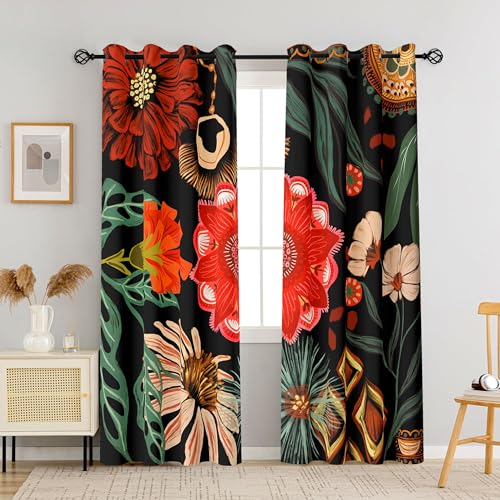 Tyrot Black Floral Grommet Blackout Curtains, 52W x 96L, 2 Panels - color: Crimson Shadow, size: 52"W x 96"L (Pack of 2)