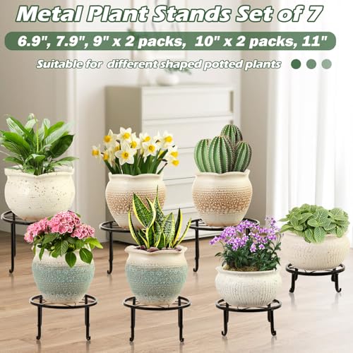 7-pack Metal Plant Stands Indoor Outdoor Rustproof Iron Potted Plant Holder Heavy-duty Round Flower Pot Riser Shelf for Garden, Patio, Corner Stand with Clear Water Tray 6.9"/ 7.9"/ 9"/ 10"/ 11" - size: 7 Pack (6.9, 7.9, 9, 10, 11 inch)
