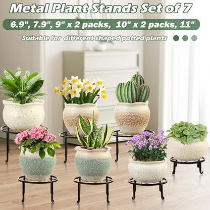 7-pack Metal Plant Stands Indoor Outdoor Rustproof Iron Potted Plant Holder Heavy-duty Round Flower Pot Riser Shelf for Garden, Patio, Corner Stand with Clear Water Tray 6.9"/ 7.9"/ 9"/ 10"/ 11" - size: 7 Pack (6.9, 7.9, 9, 10, 11 inch)