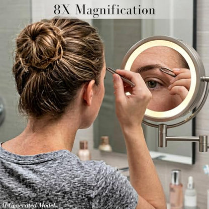 JERDON Lighted Wall-Mount Makeup Mirror - 8X - Nickel - HL88NL - color: Nickel Plug in