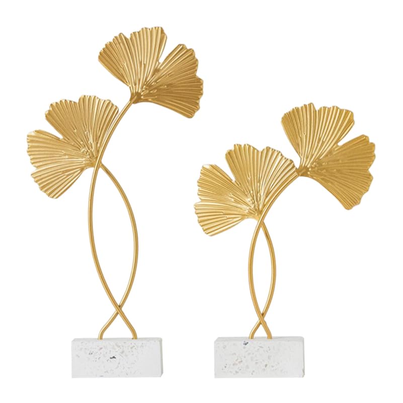 Cabilock 2Pcs Ginkgo Leaf Decor Metal Sculptures with Wood Base Nordic Gingko Leaf Adorns for Desktop Home D Cor Accents Living Room Bedroom Office