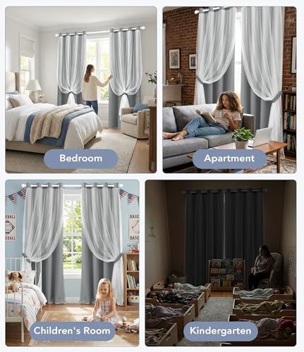 100% Blackout Curtains with Sheer Overlay, Grey, 52 x 96 inch, 2 Panels - color: Grey, size: 52"W x 96"L (Pack of 2)