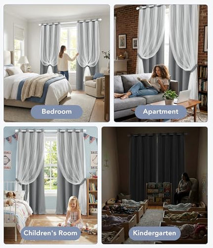 100% Blackout Curtains with Sheer Overlay, Grey, 52 x 96 inch, 2 Panels - color: Grey, size: 52"W x 96"L (Pack of 2)