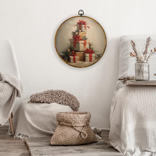 XPH Vintage Christmas Round Wall Art Framed, Winter Christmas Circle Wall Decor, Retro Cottagecore Holiday Gift Boxes Hanging Canvas Prints for Home Bedroom Living Room Decoration, 10x10 Inch - color: Christmas 01