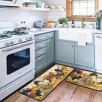 Rooster Kitchen Rugs and Mats Set of 2, Non Slip Washable Kitchen Runner Rug, Farmhouse Chicken Kitchen Floor Mats, Rustic Country Kitchen Rug Set for Sink, Laundry Room, 17"x30"+17"x47" - color: Rooster
