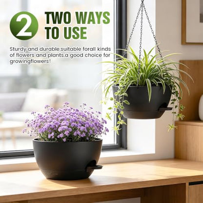 13 Inch Large Self Watering Hanging Planters 2 Pack with Saucers - color: Black, size: 13 Inch 2 Pack