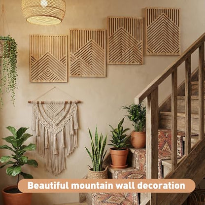 Wesiti 4 Pcs Wooden Mountain Wall Art Decor Large Abstract Wall Art for Living Room Modern Wood Panel Line Sculptures Nature Rustic Forest Hanging Decor for Office Bedroom Bathroom 15.7 x 12.2''