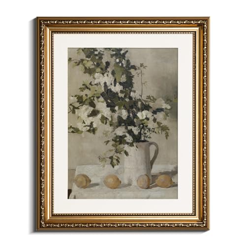 VIYYIEA Gold Framed Floral Wall Art Decor, Living Room Bedroom Flowers and Lemons Pictures Retro Wall Decor, Antique Frame Canvas Prints Artwork, Farmhouse Vintage Paintings,13x16 Inch - color: Flowers and Lemons, size: 16"L x 13"W