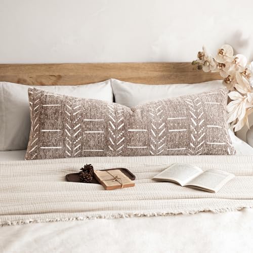 Foindtower Set of 1 Decorative Chenille Jacquard Throw Pillow Cover Textured Farmhouse Body Cushion Covers Neutral Boho Accent Home Decor for Sofa Chair Couch Bed Living Room,14×36 Inch,Light Taupe - color: Mushroom, size: 36" x 14" (Pack of 1)