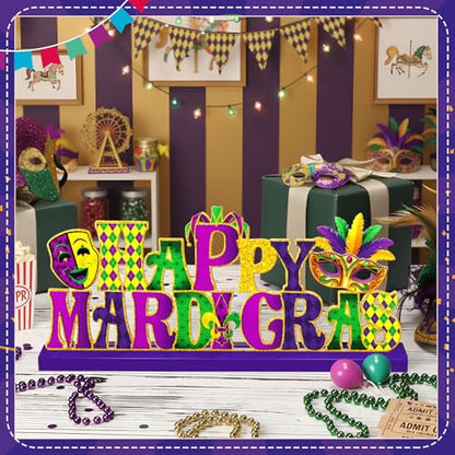 MiniInflat Happy Mardi Gras Metal Sign Carnival Table Decor New Orleans Tiered Tray Decor with Wooden Base Freestanding Metal Word Sign for Home Tabletop Centerpiece Mantel Shelf Fireplace - style: Happy Mardi Gras