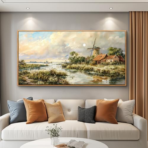 FUHAIHUA Canvas Wall Art for Living Room Wall Decor for Bedroom Office Wall Decoration Vintage Windmill River Landscape Painting Farmhouse Pictures Artwork Room Aesthetic Home Decor 20x40 in - color: Vintage Windmill River Landscape Canvas Wall Art, size:
