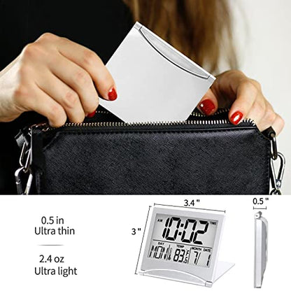 Betus Digital Travel Alarm Clock - Foldable Calendar Temperature Timer LCD Clock with Snooze Mode - Large Number Display, Battery Operated - Compact Desk Clock(Silver, No Backlight) - color: Silver Pack of 1