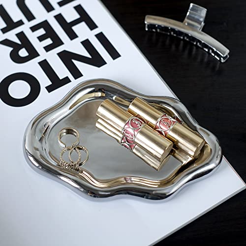 Jewelry Dish Trinket Tray for Women, Ring Dish Holder, Unique Cloud Shape Ceramic Plate Cute Things Vanity Aesthetic Room Decor Mother's Day Birthday (Silver) - color: Silver