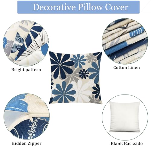 COMMINY Blue Beige Pillow Covers 16x16, Set of 6 Floral Throw Pillow Covers - color: Blue White Beige, size: 16" x 16" (Pack of 6)