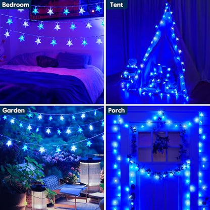 Star String Lights Plug in - 33 ft 100 LED Star Fairy String Lights with Remote and Timer, 8 Modes Waterproof for Bedroom Tent Loft Bed Window Backyard Patio Porch Balcony Staircase Party, Blue - color: Star - Blue - 33 FT