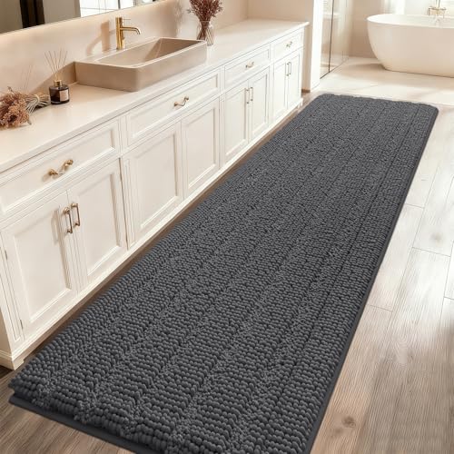 ACCUMTEK Extra Long Striped Grey Bathroom Rug Mat 70"x24" Ultra Soft, Non Slip Chenille Bath Rugs, Absorbent Plush Shaggy Bath Mats for Bathroom, Bedroom, Kitchen, Shower, Tub,Dark Gray, Charcoal - color: Dark Gray, size: 2' x 5'10" (Runner)