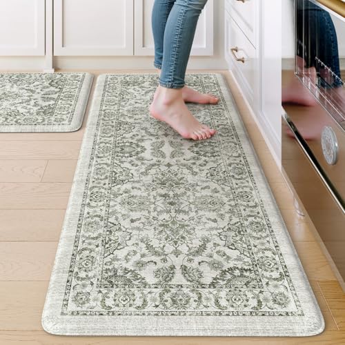 KIMODE Anti Fatigue Mats for Kitchen Floor Comfort Cushioned Rugs Sets of 2 - color: Sage Green, size: 20"x47"+20"x32"--0.47 inches