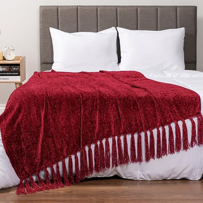 PAVILIA Chenille Throw Blanket Knit Sofa Couch Tassel Throw, Wine Red 50x60 - color: Red, size: 50 X 60 Inches - Throw
