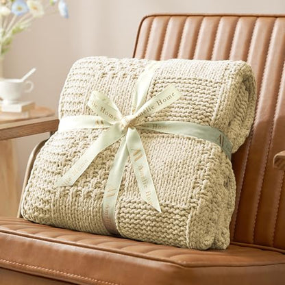 Amélie Home Checkered Chenille Knit Throw Blanket for Couch, Beige, 50"x60" - color: Checkered Beige, size: Checkered Knit 50"x60"