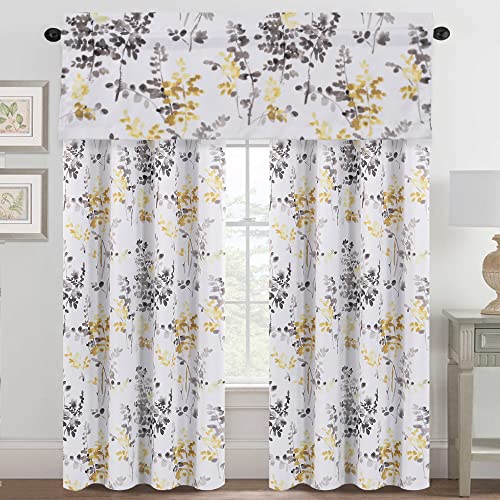 H.VERSAILTEX Valance for Kitchen Windows/Bathroom/Living Room/Bedroom Blackout Window Valance Thermal Insulated Rod Pocket Valance Curtains, 52" W x 18" L, 1 Panel, Floral Pattern in Grey and Yellow - color: Grey/Yellow