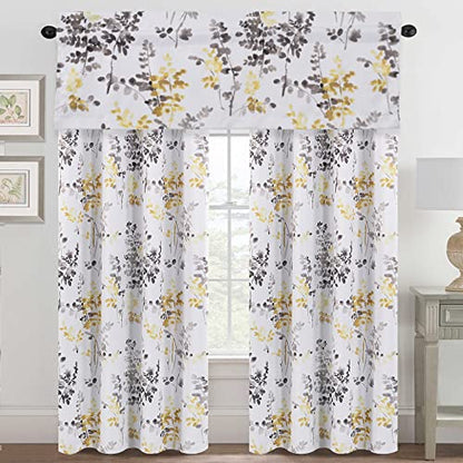 H.VERSAILTEX Valance for Kitchen Windows/Bathroom/Living Room/Bedroom Blackout Window Valance Thermal Insulated Rod Pocket Valance Curtains, 52" W x 18" L, 1 Panel, Floral Pattern in Grey and Yellow - color: Grey/Yellow