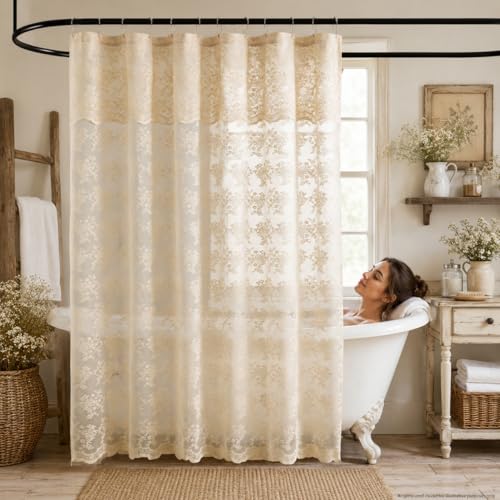 TUDECO Extra Long Beige Lace Shower Curtain with Valance, 72 x84 Inch - color: Beige, size: 72"W x 84"L (Pack of 1)