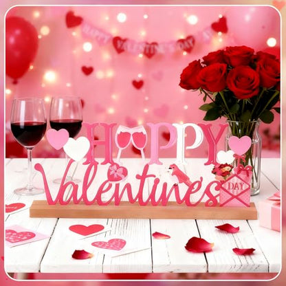 MiniInflat Happy Valentine's Day Metal Sign Valentines Heart Table Centerpiece Valentine's Tiered Tray Decor Pink and White Sign with Wood Base for Home Office Tabletop Mantel Shelf Fireplace Desktop - style: Happy Valentines