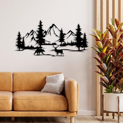 DecoSoul Mountain & Forest Metal Wall Art - Extra Large Farmhouse Wall Decor, Pine Tree & Bear Outdoor Metal Sign, Mountain Range View, Housewarming Gift - style: Mountain, Forest, Bear and Deer