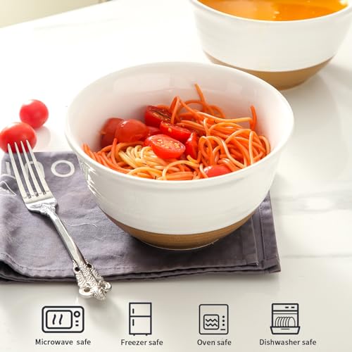 HASENSE Large Ceramic Soup Bowls Set of 4, 40 Oz 7 Inch White & Terracotta Stoneware Mixing Bowls, Farmhouse Bowls for Cereal, Salad, Pasta & Ramen, Dishwasher & Microwave Safe - color: White, size: 40 oz