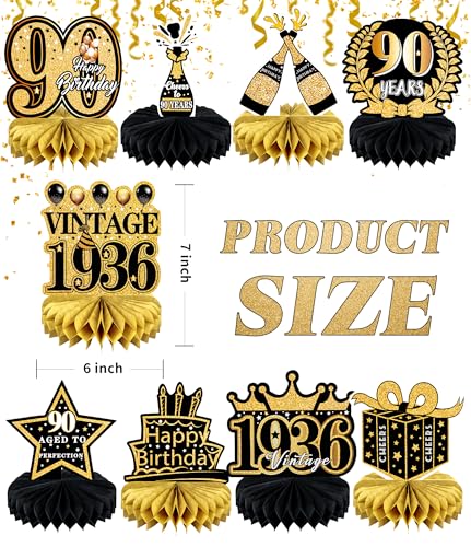9 Pcs 90th Birthday Decoration for Women 1936 Table Honeycomb Decor - color: 90th-black and Gold
