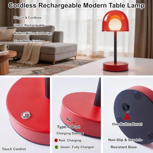Cordless Table Lamp, Rechargeable Battery Operated Touch Control, Red - color: Red