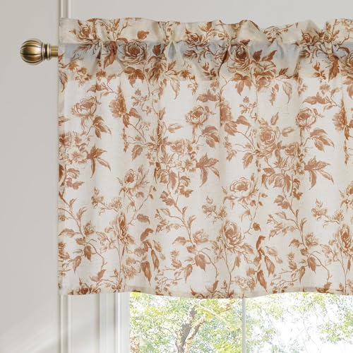 NICETOWN Faux Linen Valance for Windows Kitchen Living Room, Autumn Yellow Brown Peony Printed Rod Pocket Farmhouse Country Rustic Bathroom Small Window Treatment (52x18 inch, 1 Panel) - color: Yellow Brown, size: 52"W x 18"L (Pack of 1)