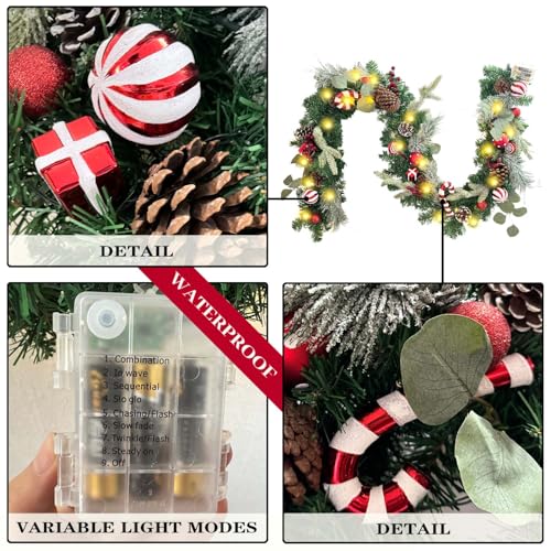 WANNA-CUL Pre-Lit 6ft Red White Christmas Garland with 30 LED Lights - color: Red White