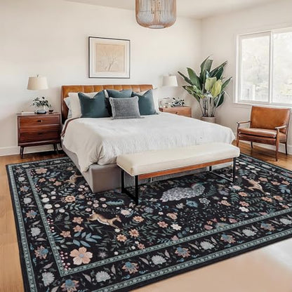 Garvee Floral 5x7 Area Rugs Washable Living Room Rug Entryway Rug Black - color: Black, size: 5' x 7' (Rectangular)