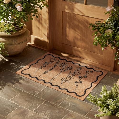 Dunzy Floral Door Mat Outdoor Black Scalloped Welcome Mat for Front Door - style: Wildflower