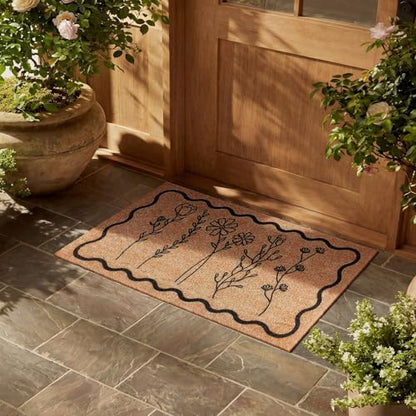 Dunzy Floral Door Mat Outdoor Black Scalloped Welcome Mat for Front Door - style: Wildflower