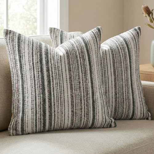 Set of 2 Striped Chenille Throw Pillow Covers 18x18 Inches Premium Plush Textured Decorative Cushion Covers Reinforced Hidden Zipper Mid-Century Modern Farmhouse Decor for Couch Sofa Green - color: Green, size: 18" x 18" (Pack of 2)