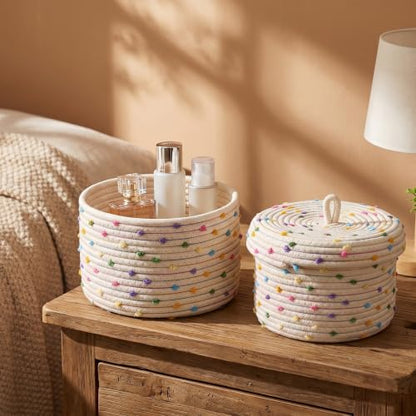 Cotton Rope Basket with Lid Set of 2, Small Basket with Lid for Storage, Woven Basket with Lids 10x8 & 8x5.5 Inches, Storage Basket with Lids for Home Organization, Beige Rainbow Pompom Decorative Bin