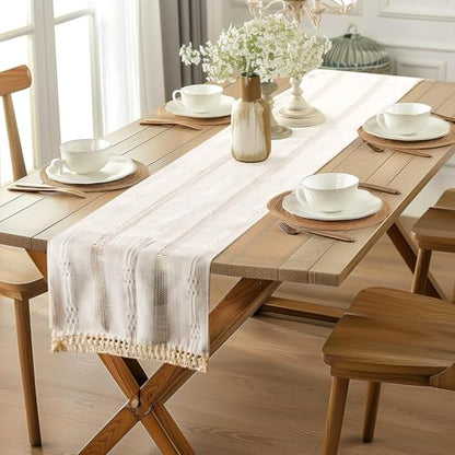 Table Runner, Boho Table Runner Cotton Linen Table Decorations, Farmhouse Table Runners with Tassels for Bohemian Wedding Bridal Shower Rustic Home Dining Table (12x72, White)