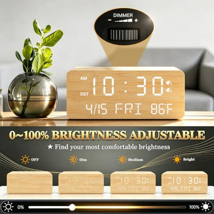 Andoolex Wooden Digital Alarm Clock with Wireless Charging, 0-100% Adjustable Brightness Dimmer and Alarm Volume, Weekday/Weekend Mode, Dual Alarm, Snooze, 12/24H, Wood LED Clock for Bedroom (Bamboo) - color: Bamboo