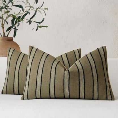 FIOUOVO Striped Linen Lumbar Throw Pillow Cover 12x20 Set of 2, Olive Green - color: Olive Green, size: 20" x 12" (Pack of 2)