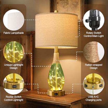 OYEARS 23" Table Lamps Set of 2,Farmhouse Lamps with Glass Nightlight, Bedside Lamps for Living Room, Rattan Lamps for Bedroom Nightstands, Two Light Points - color: Yellow Green